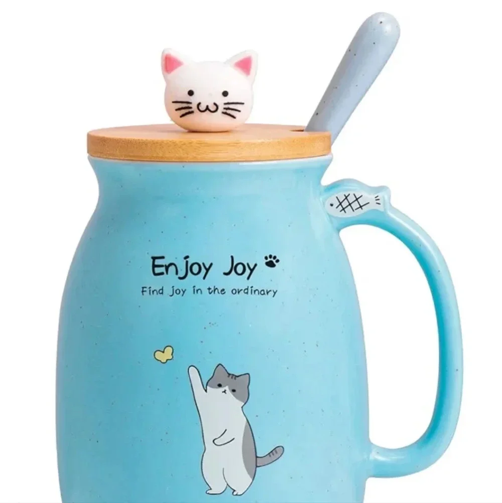 Cute Cat Cup Ceramic Coffee Mug with Kawaii Cat Wooden Lid, Lovely Stainless Ste